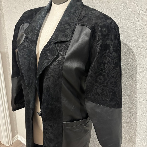 Vintage Leather Suede Coat Women's Duster Jacket Long Black Floral Pattern - Picture 7 of 14